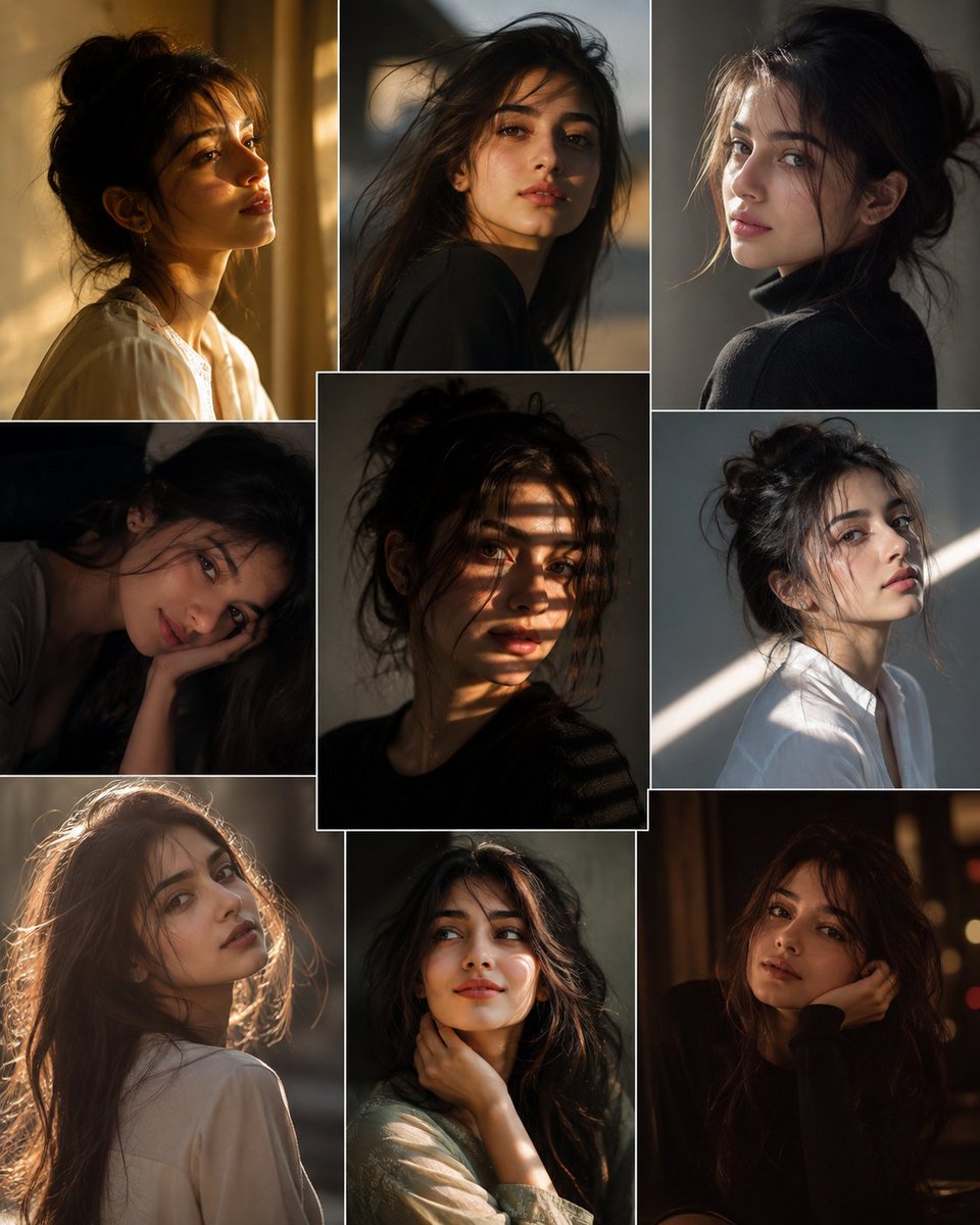 Golden hour profiles and shadowed glances reveal her many moods