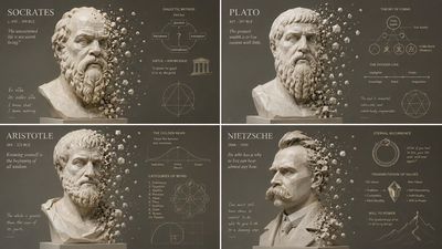 A white low-poly bust disperses into knowledge particles on panels
