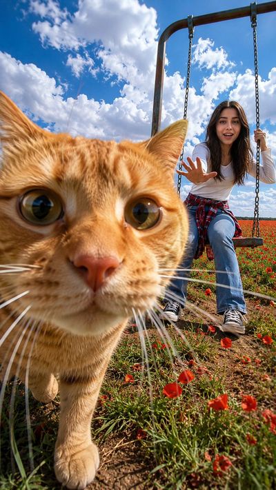 A chubby orange tabby cat photobombs a laughing woman on a swing
