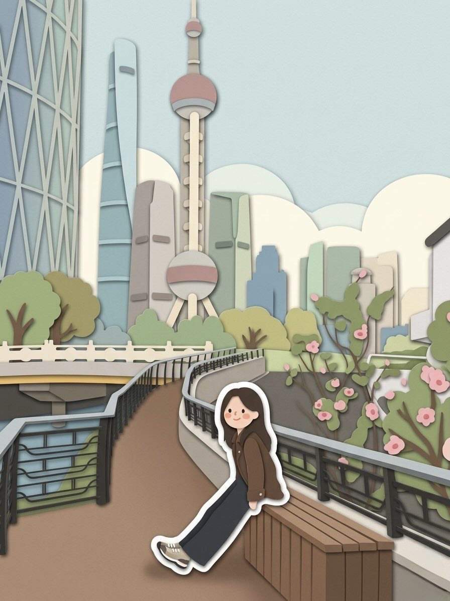 Chibi girl in brown jacket sits by Shanghai riverside