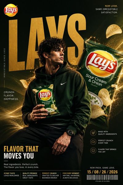 Young man in forest-green hoodie holds Lay's chips amid golden light trails