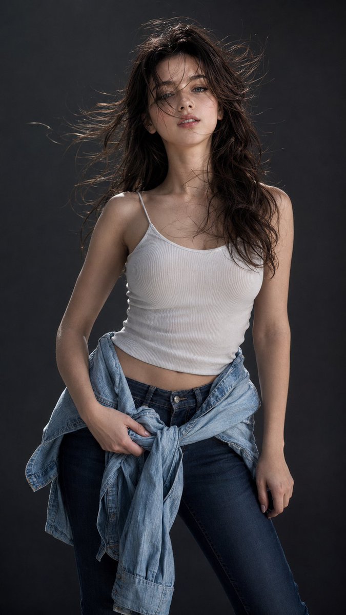 Windblown woman in denim jacket poses with rebellious sensuality.