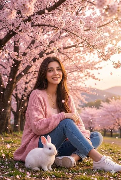 Young woman sits beneath cherry blossoms in golden sunset glow