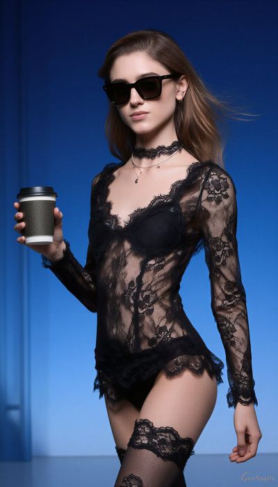 Sheer lace bodysuit glows against rich cerulean blue backdrop