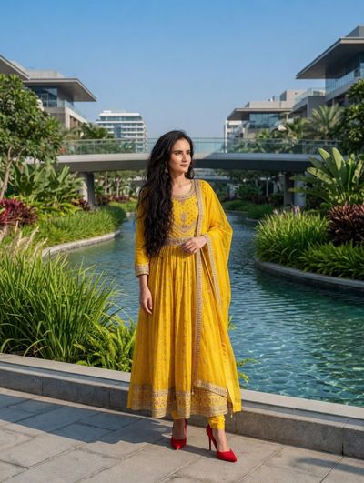 South Asian woman in yellow anarkali stands by turquoise water
