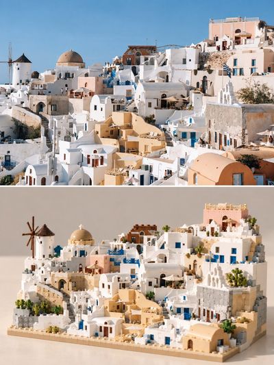 Brick-built travel scene recreates iconic landmarks in miniature detail