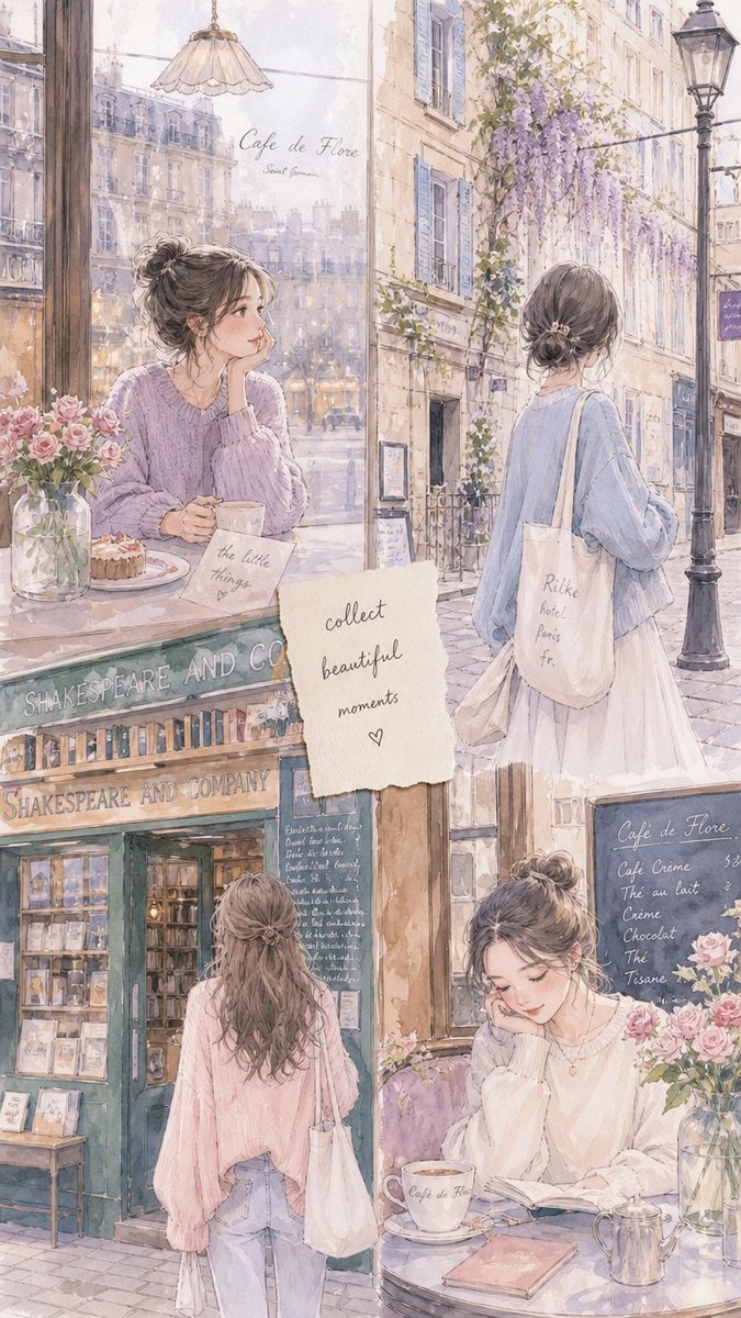 A young woman in a lavender sweater strolls through a rainy café street.