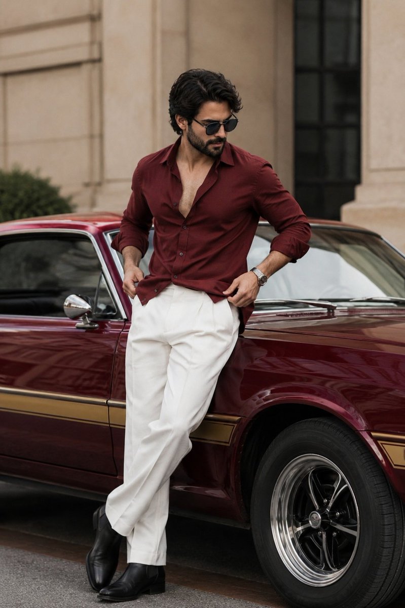 Confident man in maroon shirt poses beside a luxury Mustang