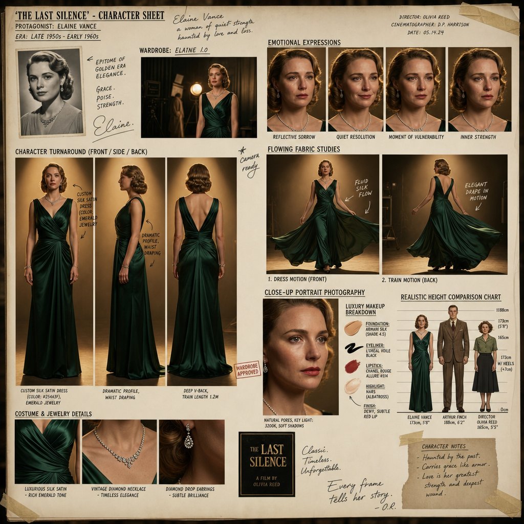 A golden spotlight illuminates the actress's satin evening gown