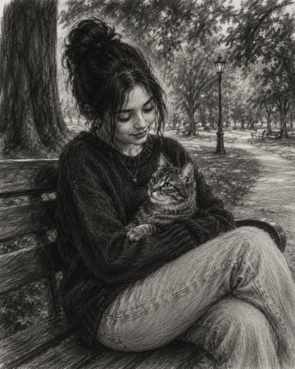 Young woman cradles her cat on a park bench in charcoal