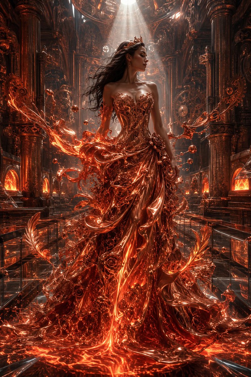 Supermodel wears living molten copper gown in ancient forge