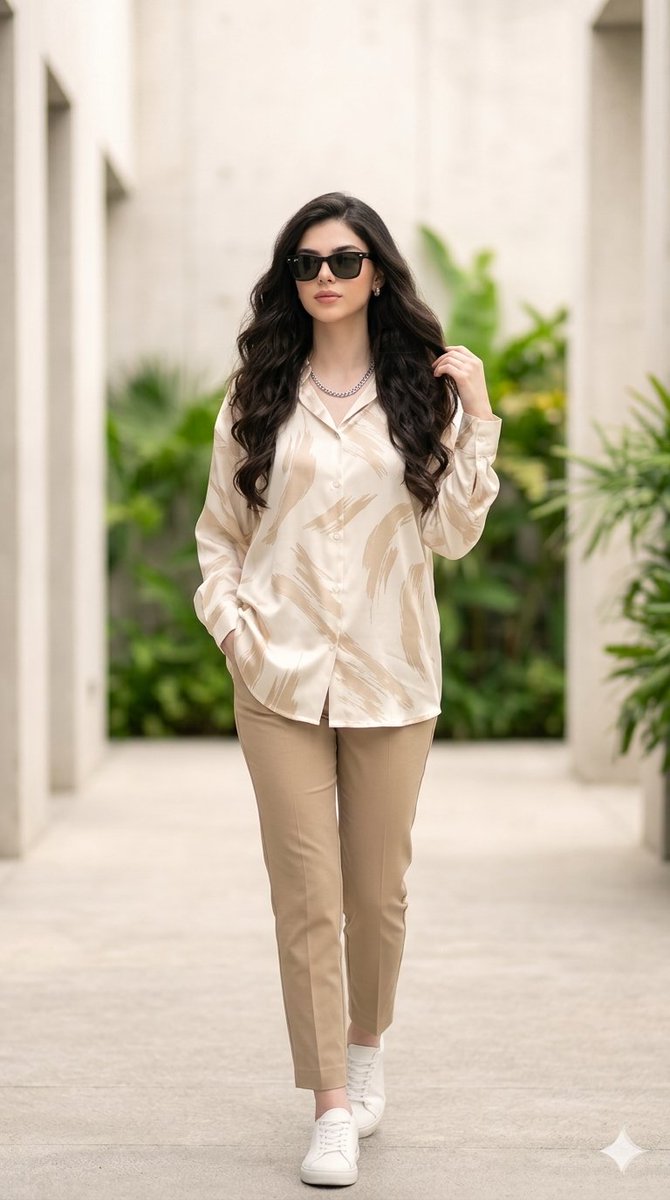 A young woman in beige walks confidently through a modern concrete corridor.