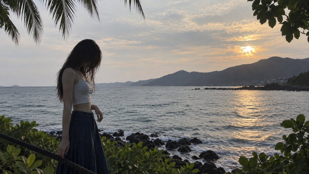 Young woman stands on seaside walkway under dull tropical dusk light
