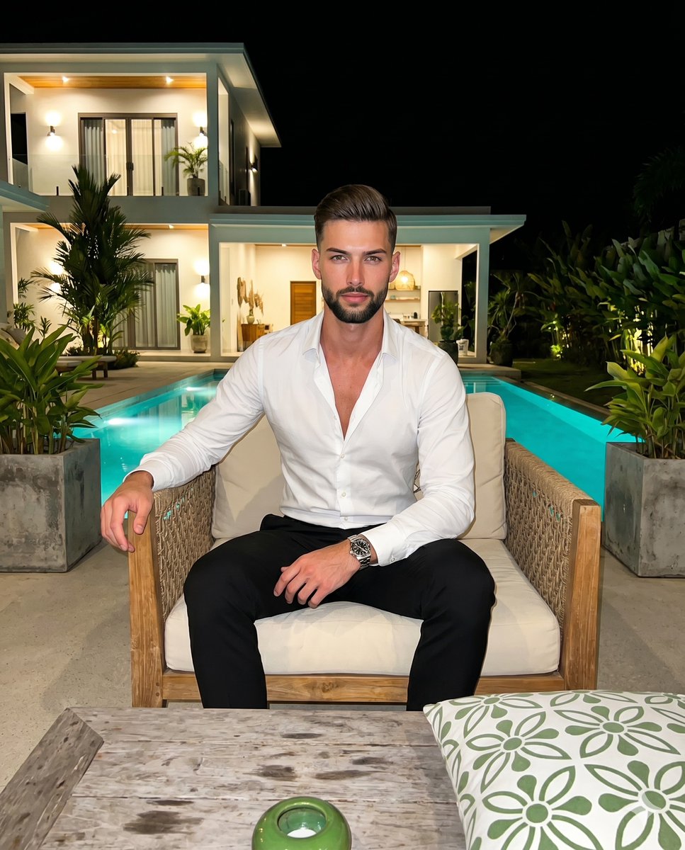 Confident man in white shirt relaxes on lounge chair at night poolside