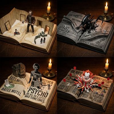 Antique Book Worlds: Macro 3D Terrain of Story Biomes and Titans