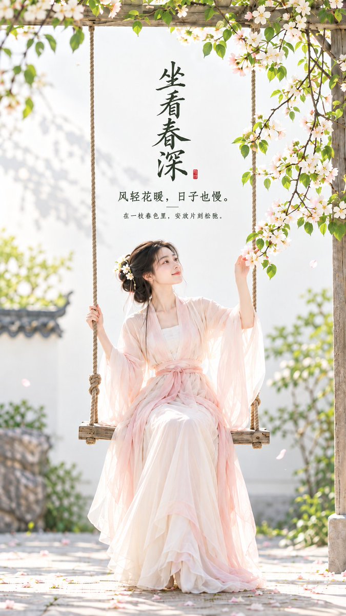 Elegant lady on minimalist swing gazes at pear blossom branch in soft daylight