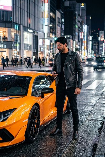 A man in black leather poses beside an orange Lamborghini on a wet night street