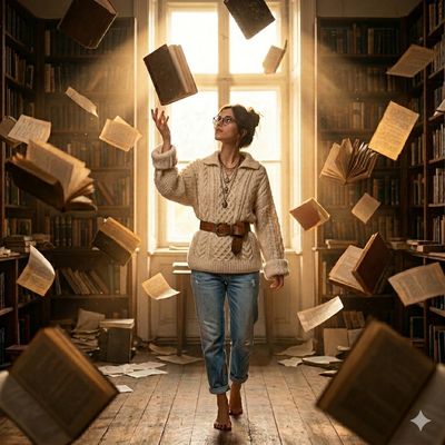 A man in white knitwear reaches for floating books in a sunlit library