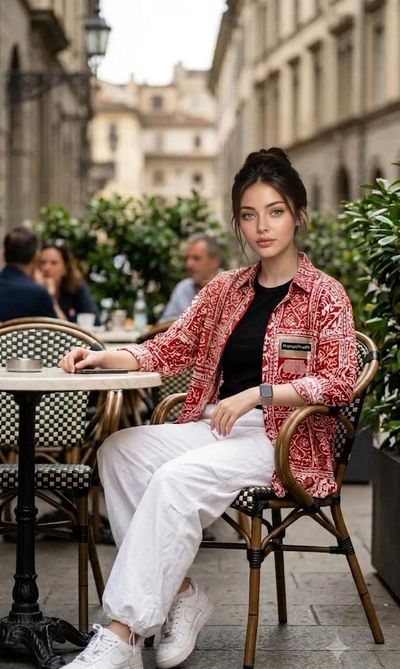 Young woman in red patterned shirt sits at European cafe