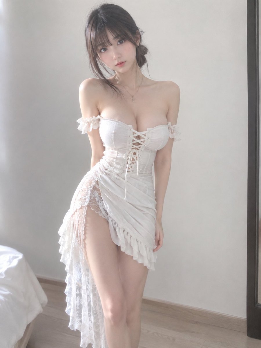 Soft-focus portrait of East Asian woman in white lace dress