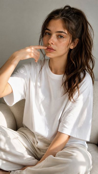 Woman in white tee touches lip on cream sofa in sunlight