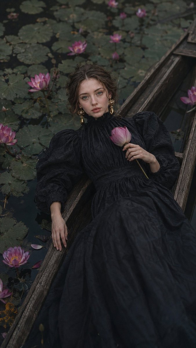 A woman in dark couture reclines in a boat among lotuses