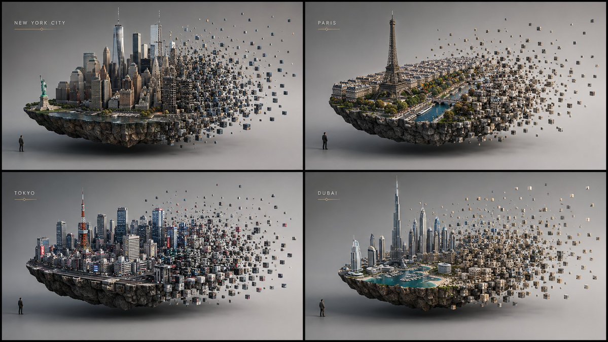 Floating Tokyo island dissolves into cubes with tiny observer below