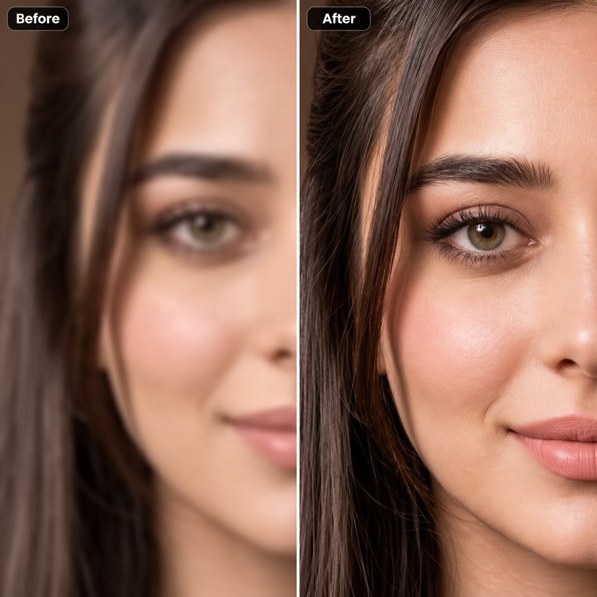 A faded portrait regains natural colors and sharp details through restoration