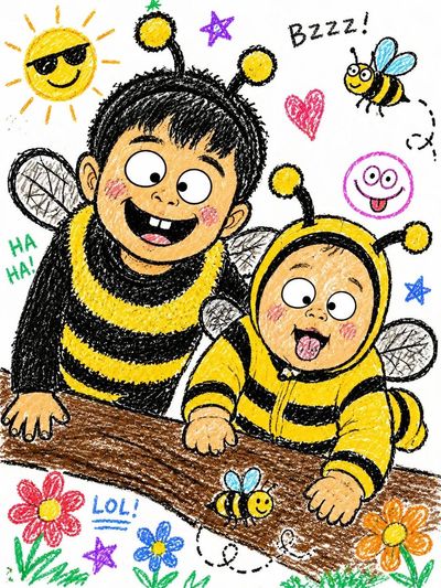 Two children in bumblebee costumes laugh over a wooden ledge