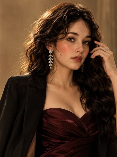Elegant woman in burgundy satin dress with confident gaze
