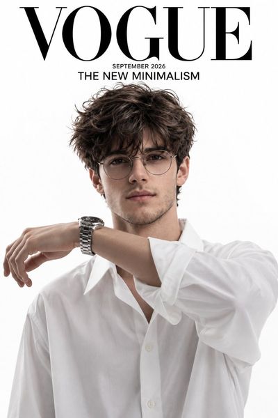 Curly-haired man in white shirt poses for minimalist Vogue cover