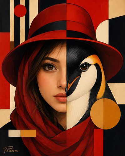A surreal woman-penguin hybrid portrait splits in geometric Bauhaus style