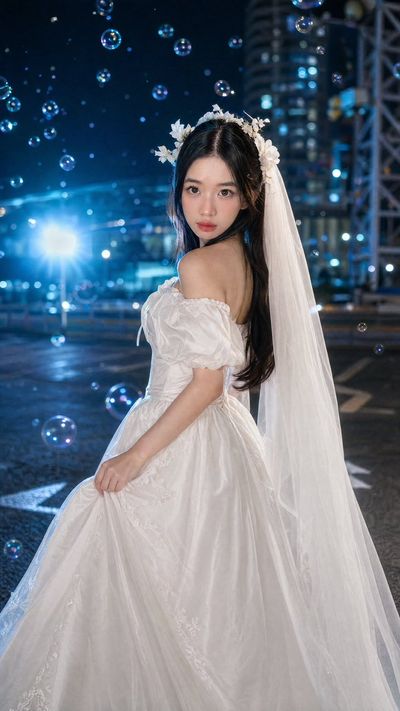 A bride turns smiling in a neon-lit parking lot at night