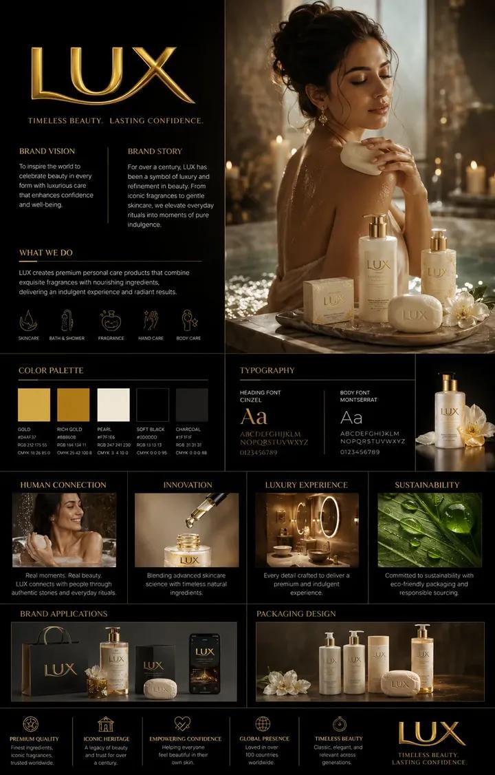 A luxury brand guidelines poster showcases elegant corporate design.
