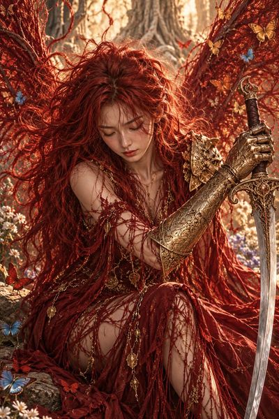 Crimson-haired warrior with golden sword stands in quiet forest light