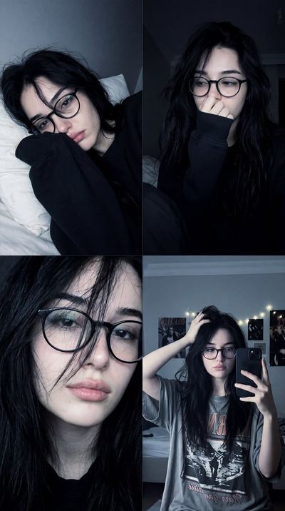 Dark bedroom photo collage shows a woman in four candid poses