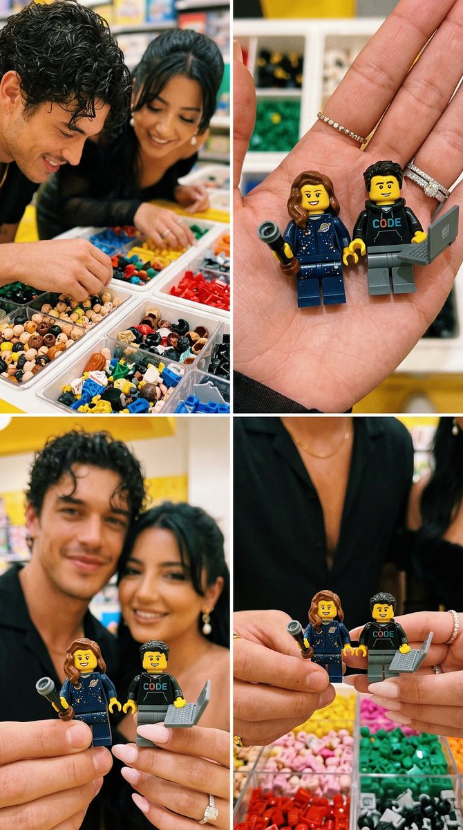 A couple selects custom minifigures in a colorful LEGO store