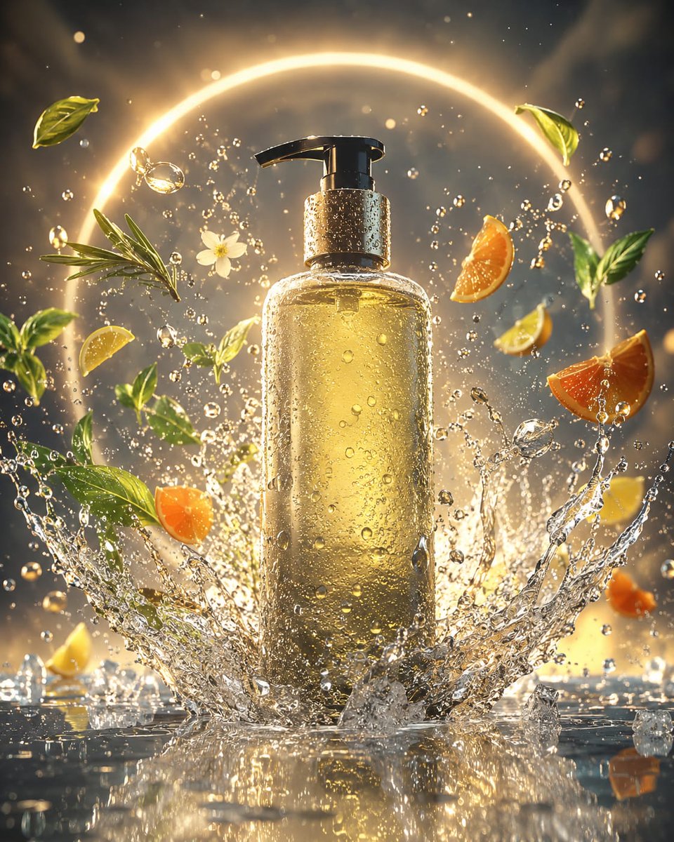 A chilled body wash bottle sits centered on a reflective surface.