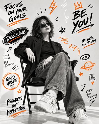Confident Woman in Black Blazer Poses on Folding Chair with Doodles