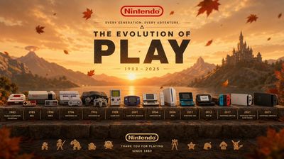 All Nintendo consoles glow under a warm sunset with falling leaves