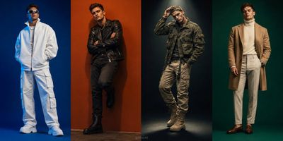 A man showcases four distinct styles in a monochrome grid