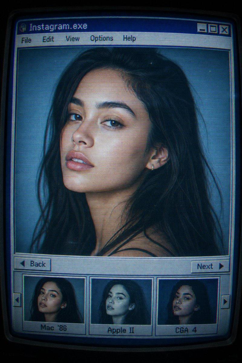 A woman's calm gaze peers from a retro CRT screen