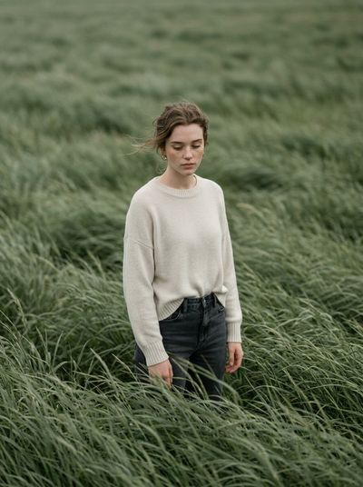 Solitary Figure Amid Sage Green Waves of Wind-Swept Grass