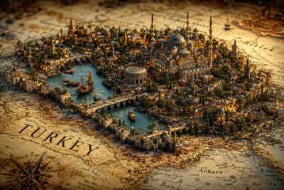 Sunlit miniature Paris emerges from an antique cartographic atlas.