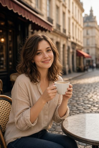Woman sips coffee at charming European street cafe, smiling warmly