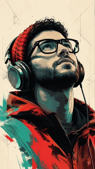 A contemplative man in red beanie looks up under dramatic teal light