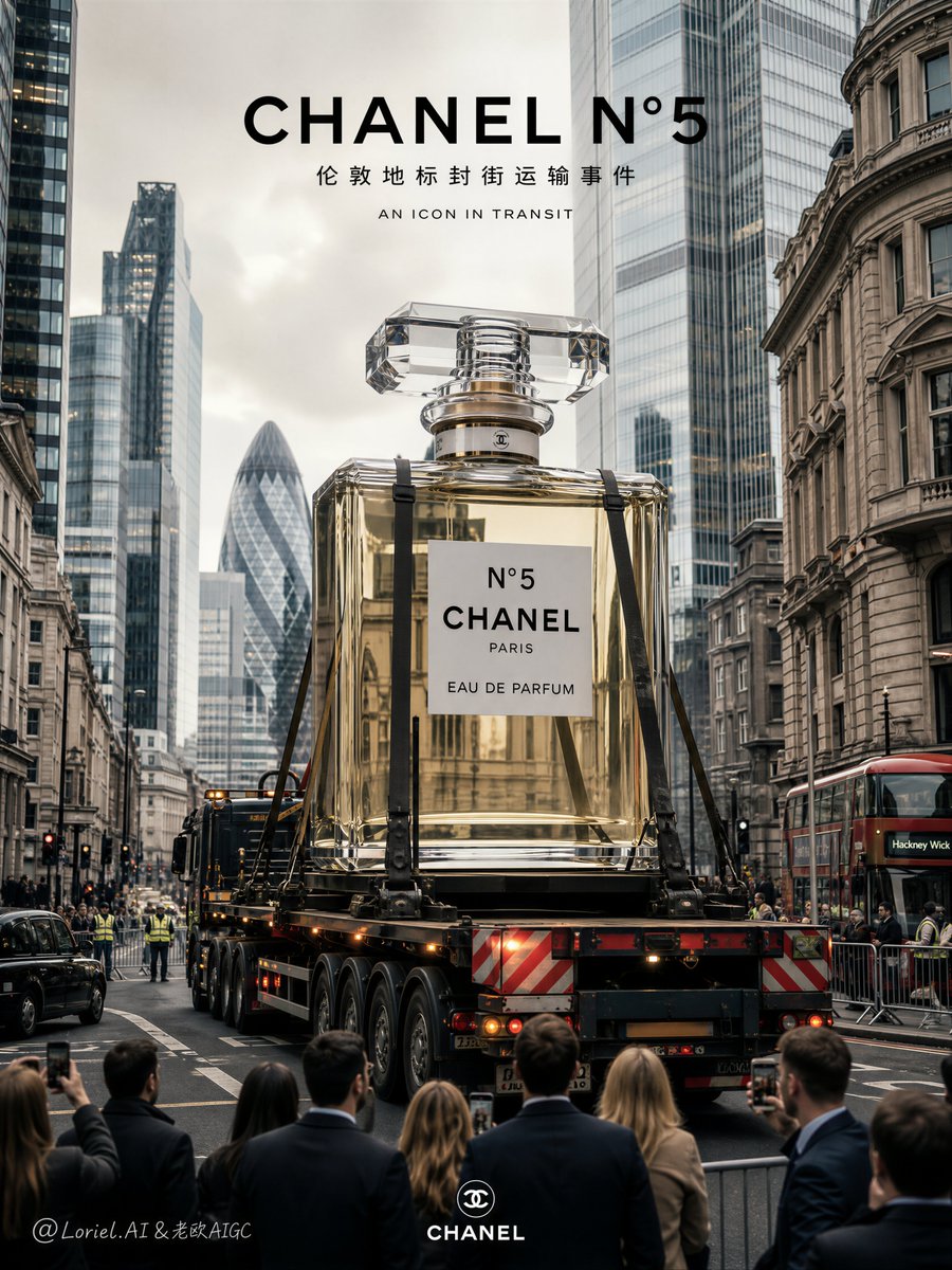 Giant Chanel N°5 bottle moves through closed London street