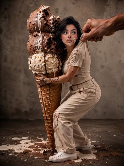 Girl hugs giant melting ice cream cone in playful surreal scene
