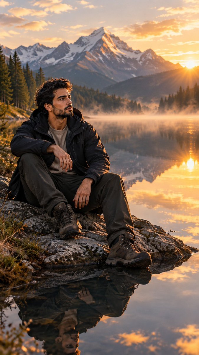 Young man sits by mirror-like alpine lake at golden sunrise