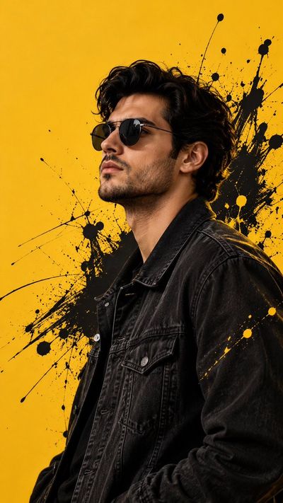 Man In Black Denim Jacket Poses Against Mustard Yellow Backdrop